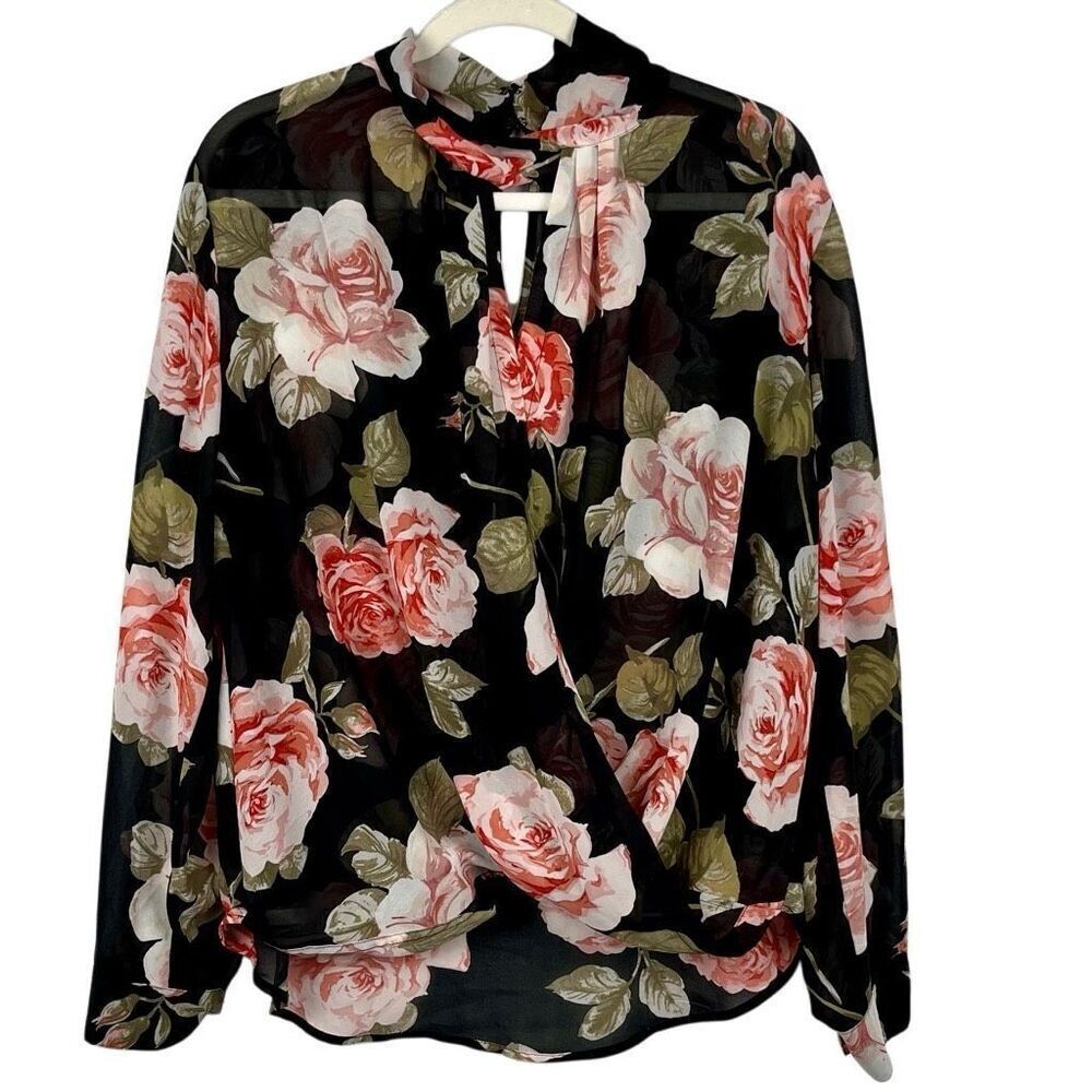 Soho Jeans New York & Company Floral Keyhole Sheer Wrap Blouse Large